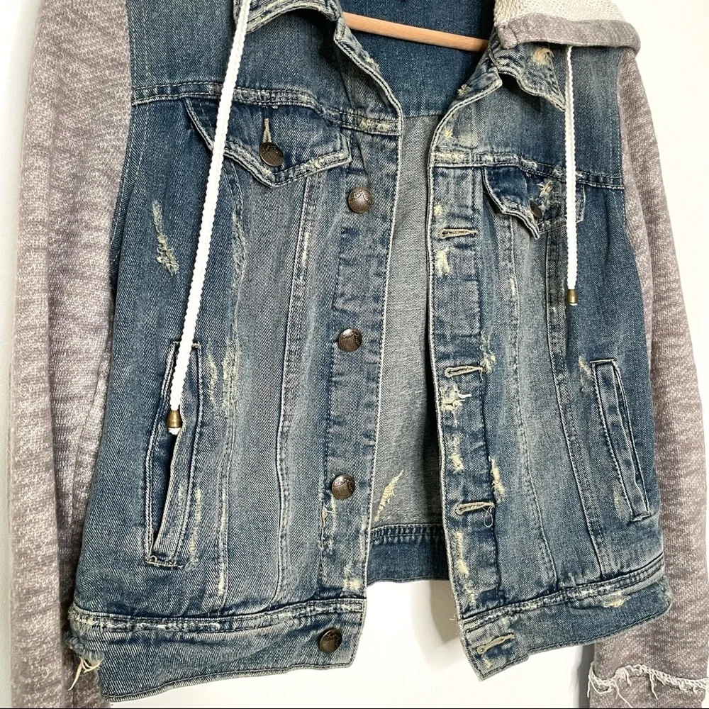 Free People | Mixed Media Distressed Hooded Jean Jacket - Picture 5 of 11